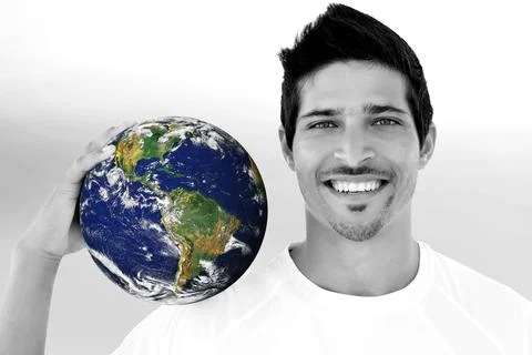 Flat vector design is showing man holding detailed Earth globe on shoulder with Stock Photos