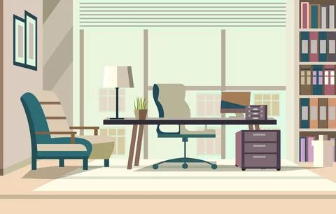 Flat Vector Design of Workplace Landscape in the Office with Modern Furniture Stockillustratie
