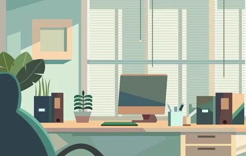 Flat Vector Design of Workspace Landscape in the Office with Monitor on a Des 스톡 일러스트
