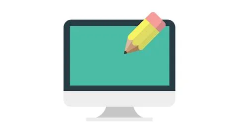 Flat vector desktop computer with pencil icon 스톡 일러스트