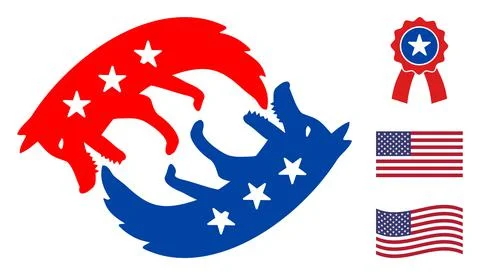 Flat Vector Dog Eats Itself Icon in American Democratic Colors with Stars Stock Illustration