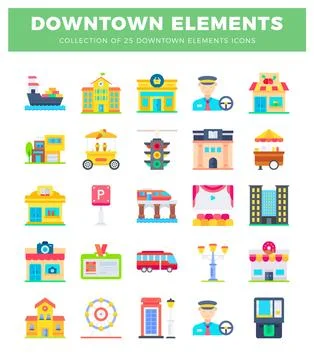 Flat vector downtown city icons collection in uniform style. Stockillustratie