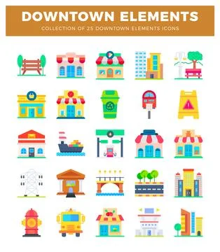 Flat vector downtown city icons in a grid format. Stock Illustration