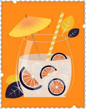Flat vector drink is sitting in glass with ice, citrus slices, garnishes on Stock Illustration