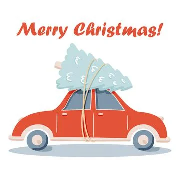 Flat vector drive red car with pine Christmas tree doodle illustration, merry Stock Illustration