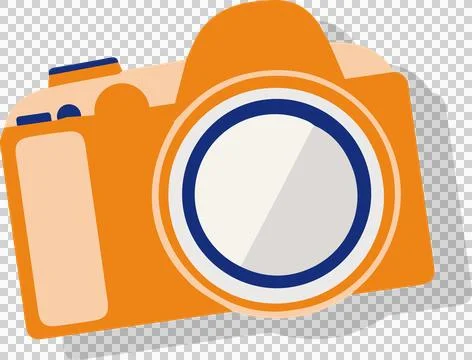 Flat vector DSLR camera is featuring orange body beige grip white blue lens on Illustrazione stock