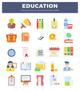 Flat vector education icons collection. including school supplies and scien.. Illustrazione stock