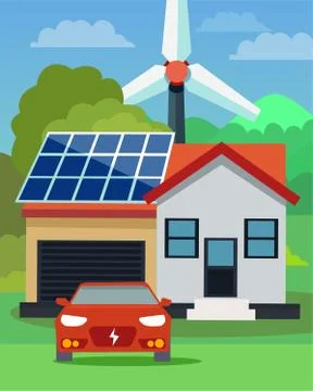 Flat vector of an electric car in front of a house with solar panels and wind Stock Illustration