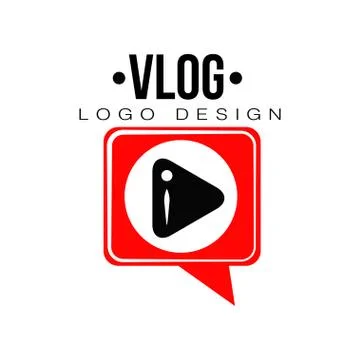 Flat vector emblem with black play button in red speech bubble. Videoblogging Stock Illustration