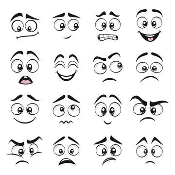 Flat Vector Expressive Cartoon Faces Set. Funny, Happy, Sad, Angry, Surprised イラスト素材