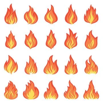 Flat Vector Fire Flame Icon Set. Campfire Shape Sign, Isolated. Bonfire イラスト素材