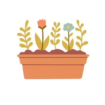 Flat vector flower box with blooming plants and leaves. Minimal garden Stock Illustration