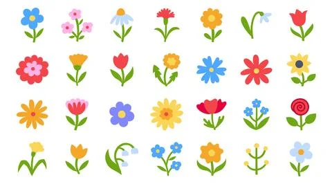 Flat vector flower icon set, naive Scandinavian folk art. Colorful collection of Stock Illustration
