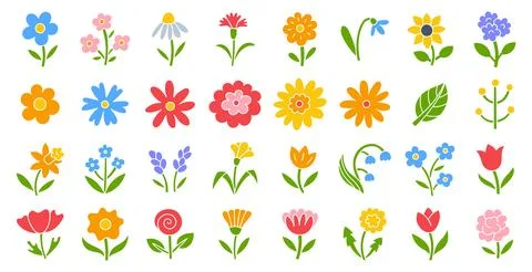 Flat vector flower icon set, naive Scandinavian folk art. Colorful collection of Stock Illustration