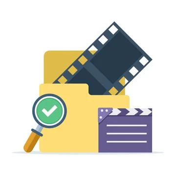 Flat vector of folder with film reel, magnifying glass, and checkmark. Stock Illustration