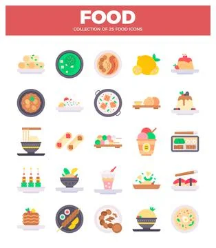 Flat vector food icons collection. diverse international dishes and dessert.. イラスト素材