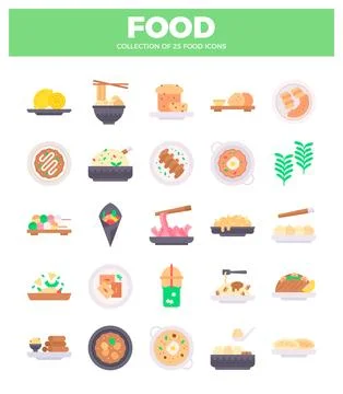 Flat vector food icons on white background. diverse cuisine collection. イラスト素材