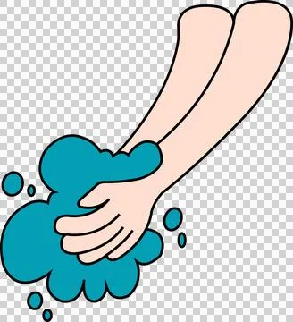 Flat vector forearms and hands lathering soap with teal bubbles splashing on Illustrazione stock
