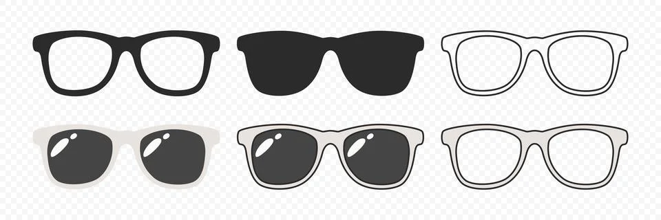 Flat Vector Frame Glasses Icons. Sunglasses, Vintage Eyeglasses, Lenses. Optics Illustrazione stock