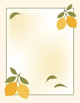 Flat vector frame with yellow lemons and green leaves on soft background el.. Stock Illustration