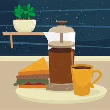 Flat vector french press with a cup of coffee and sandwich on the table. Alte Illustrazione stock