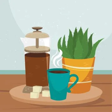 Flat vector french press with a cup of coffee and plant in the pot on the tab Stock Illustration