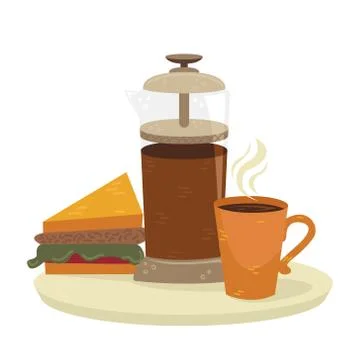 Flat vector french press with a cup of coffee and sandwich. Illustrazione stock