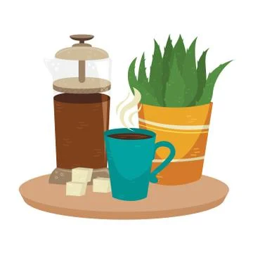 Flat vector french press with a cup of coffee and plant in the pot. Stock-Illustration