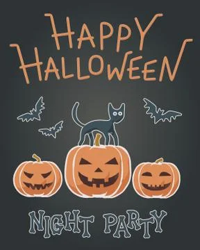 Flat vector - funny bats, cute cat, orange pumpkin Stock Illustration