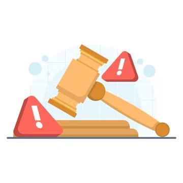 Flat vector of a gavel with warning triangle, illustrating legal errors Stock Illustration