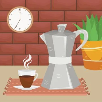 Flat vector geyser cofee maker wuth a cup of coffee in the interior. Alternat Ilustração Stock