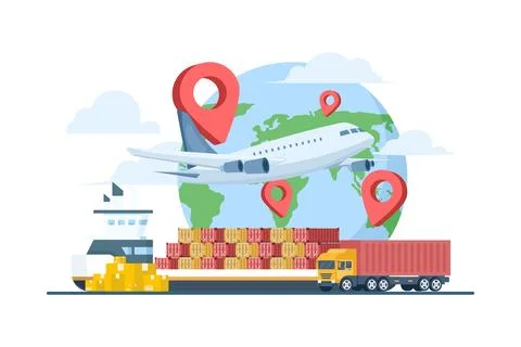 Flat vector of global logistics service, representing cargo export import. Stock Illustration