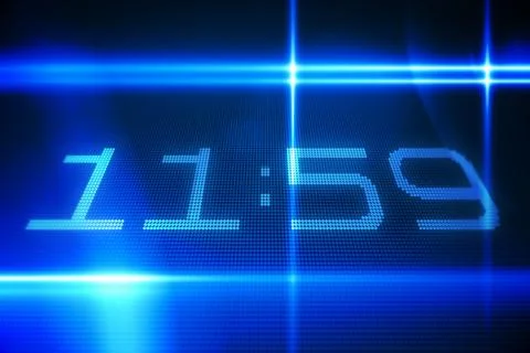 Flat vector glowing blue LED grid displaying 11:59 with crossing light streaks 스톡 일러스트