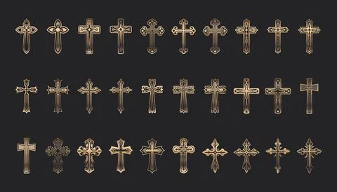 Flat Vector Golden Christian Cross Icons Set. Line Silhouette Cut Out Christian Stock Illustration