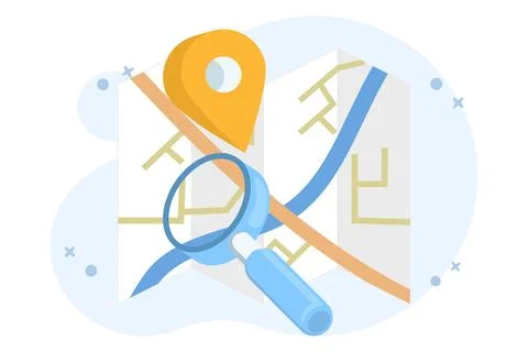 Flat vector of GPS and map search with pins and magnifying glass Stockillustratie