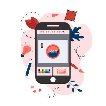 Flat vector graphic design concept with computer designer with an open design ap Stock Illustration