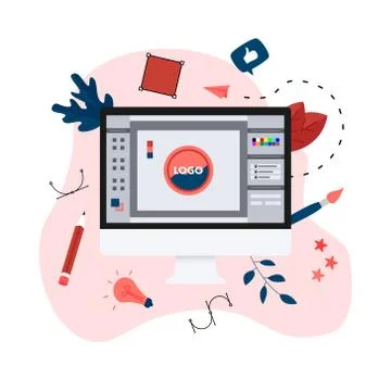 Flat vector graphic design concept with computer designer with an open design ap Stock Illustration