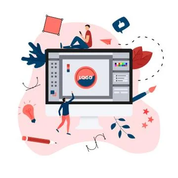Flat vector graphic design concept with computer designer with an open design ap Stock Illustration