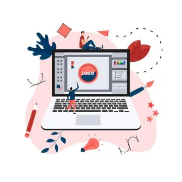 Flat vector graphic design concept with computer designer with an open design ap Illustrazione stock