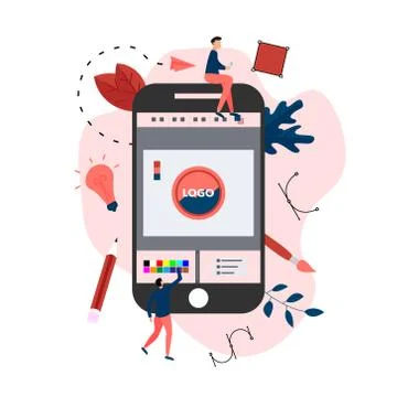 Flat vector graphic design concept with computer designer with an open design ap Stock Illustration