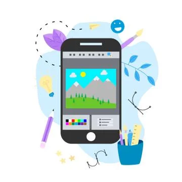 Flat vector graphic drawing concept with open illustration application with a cr Stock Illustration