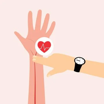 Flat vector graphic of pulse measurement with two hands, heart icon Stock Illustration