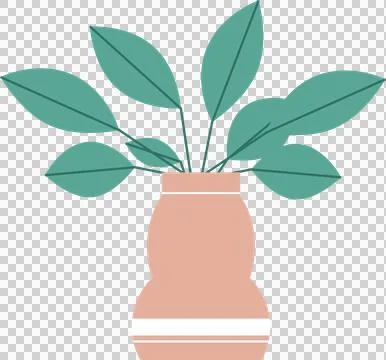Flat vector graphic is showing houseplant with teal leaves and peach vase on Ilustración de archivo