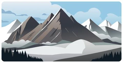 Flat vector graphic of snowy mountain landscape Stock Illustration
