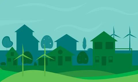 Flat vector of green and blue neighborhood with wind turbines Stock Illustration