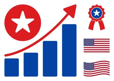 Flat Vector Growing Chart Icon in American Democratic Colors with Stars Stock Illustration