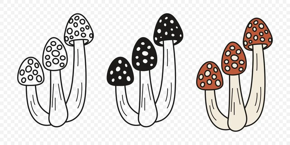 Flat Vector Hand Drawn Cartoon Fly Agaric Mushrooms Outline Illustration Stock-Illustration