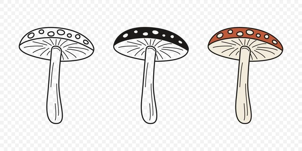Flat Vector Hand Drawn Cartoon Fly Agaric Mushrooms Outline Illustration Stock Illustration