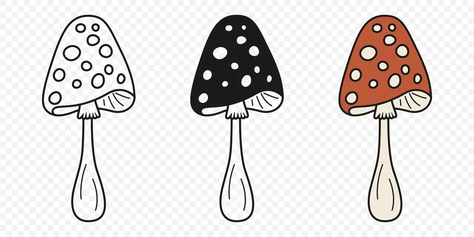 Flat Vector Hand Drawn Cartoon Fly Agaric Mushrooms Outline Illustration イラスト素材