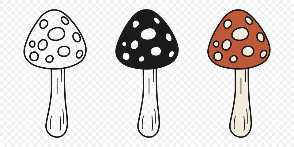 Flat Vector Hand Drawn Cartoon Fly Agaric Mushrooms Outline Illustration イラスト素材